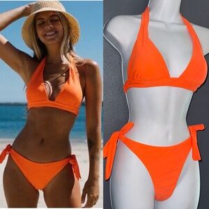 Beachsissi Neon Bright Orange Triangle Bikini Swim Swimsuit Set Womens Medium